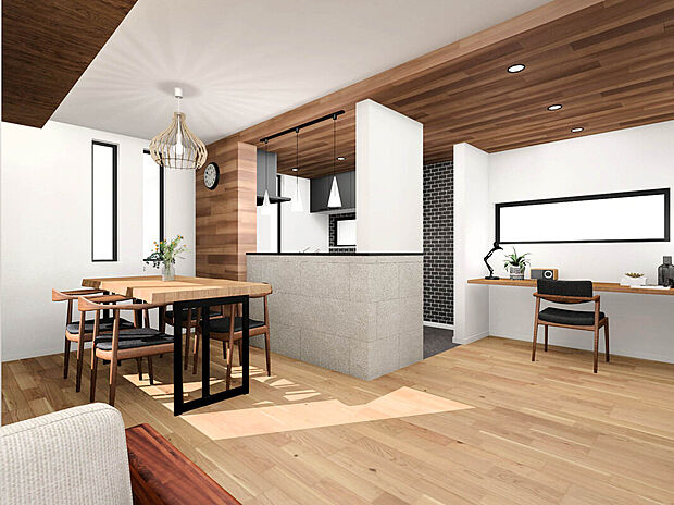 【【建物イメージパース：LDK】】カウンターキッチンやリビング階段を取り入れた家族間の絆が深まりやすい設計。キッチン横に設けられたカウンターはお子様の勉強や在宅勤務などのワークスペースとして利用可能。
