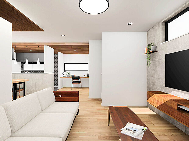 【【建物イメージパース：LDK】】LDK21.1帖の4LDKファミリープラン！南向き3階建て構造で陽光を取り入れやすい！
