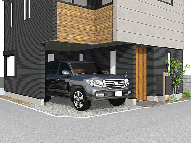 【【建物イメージパース：ビルトインガレージ】】雨風や雪、強い日差しなどから大切なお車を守ることが出来るガレージ付き。雨の日の車の乗り降りも楽に行えます！