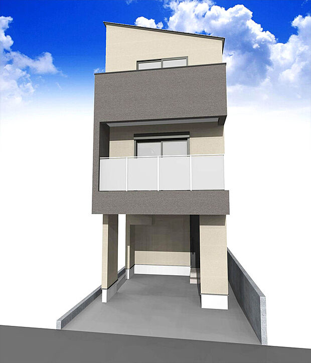 【【建物完成イメージパース:2号棟】】家事効率が向上する水廻り集約設計や家族の絆がより深まるリビング階段、食洗機カウンターキッチンが採用された生活に優しい造り。