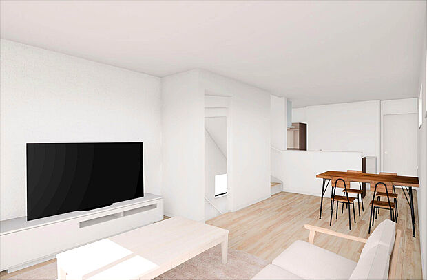 【【建物完成イメージパース:LDK 2号棟】】明るい2階リビング仕様で家族団らんの時間を過ごしやすい空間。