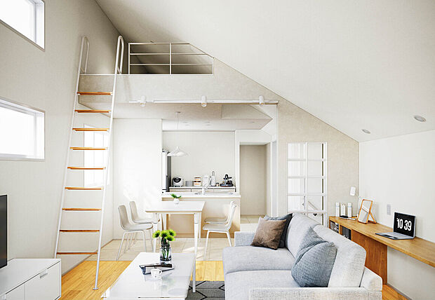 【【内観イメージパース：LDK】】全棟LDK17.9帖以上の4LDKプラン。水廻り集約設計やカウンターキッチン、リビング階段など暮らしやすさを考慮した設計を盛り込んだプランニング。