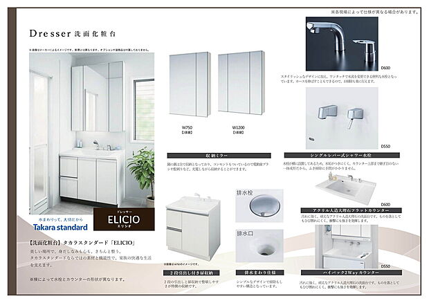 【【仕様書：シャワー付洗面化粧台】】機能美とデザイン性を両立させた3面鏡付の洗面化粧台。視覚的に広がり感を持たせるだけでなく、機能的にも優れています。