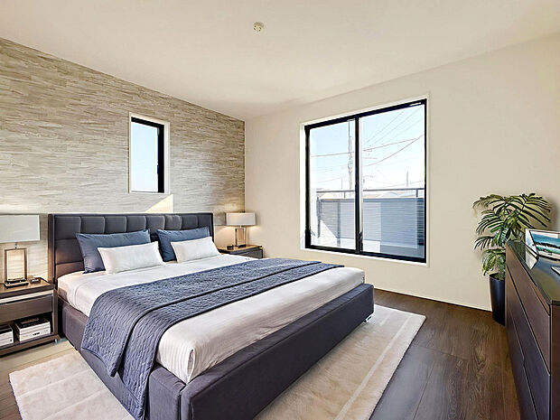 【【モデルハウス棟:Room】】空間にメリハリをつけ、全体を印象付けるアクセントクロスなどが採用されたデザイン性の高い内装プラン。