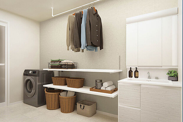 【【建物プラン例:Wash Room】】機能美とデザイン性を両立させた3面境仕上げの洗面化粧台。
毎日利用する洗面脱衣場はシンプルで清潔感のある空間。