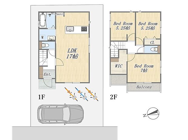 【【参考プラン：6号地】】Plan：3LDK+WIC+Pantry+カースペース
建物参考価格：2000万円
建物面積：81.97m2