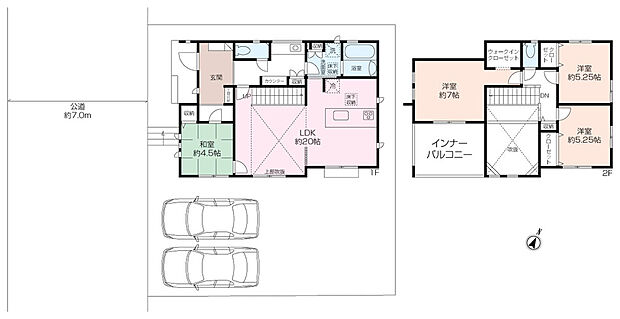 LDKは約20帖(階段下部含む)とゆとりのある間取り
カースペースは並列2台、庭先は約5.9ｍございます。