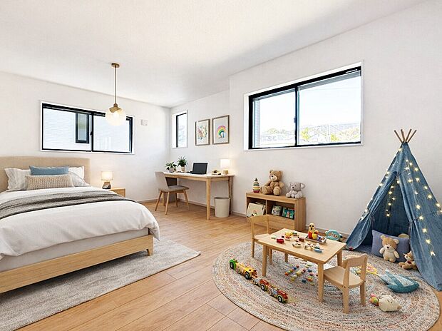 5号棟居室
お子様が小さいときは主寝室として、大きくなったらお部屋を分けてお使いいただけます♪
※本画像はCGで作成しており、実際の現地に家具や家電は設置されておりません。参考程度にお考え下さい。