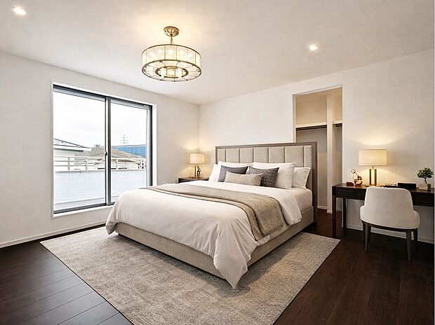 3号棟居室
大きなWICの付いた主寝室は陽当たりも良好です♪
※本画像はCGで作成しており、実際の現地に家具や家電は設置されておりません。
参考程度にお考え下さい。