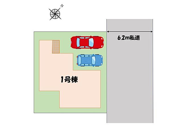 車種により2台並列駐車可能なカースペース。前面道路幅員6.2ｍ！