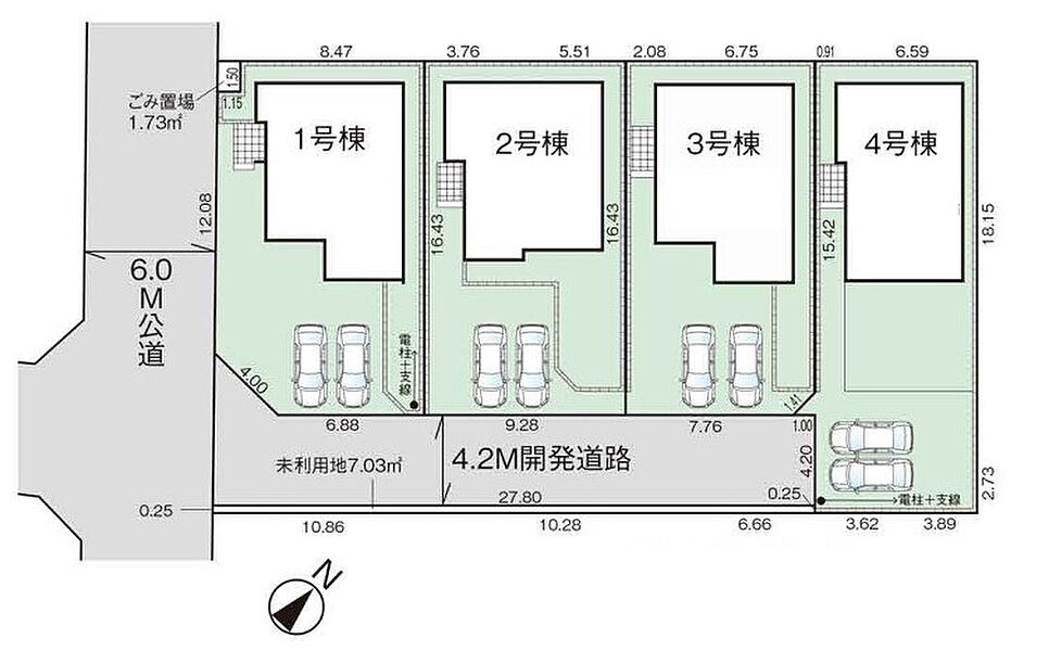 南側道路につき陽当たり良好♪カースペースは全棟並列２台可で、車庫入れが苦手な方も安心ですね♪