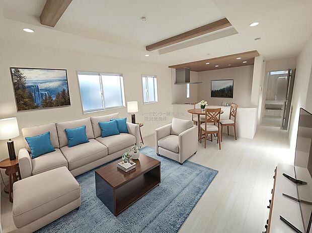 スタイリッシュな印象のリビングです。ホームパーティのお客様が増えても、これだけ広いリビングなら大丈夫♪※家具をCGで加工しています。家具付き販売ではございません。