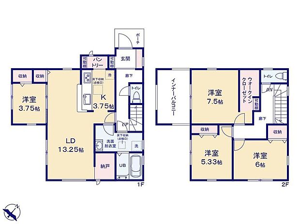 (１号棟)、4LDK+S、土地面積155.35m2、建物面積111.37m2