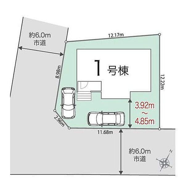 南×西道路に囲まれた角地！前面道路は約6.0mと広めで開放感があり通風採光良好です♪カースペース２台分確保！ご夫婦でお車を所有していただけます♪

