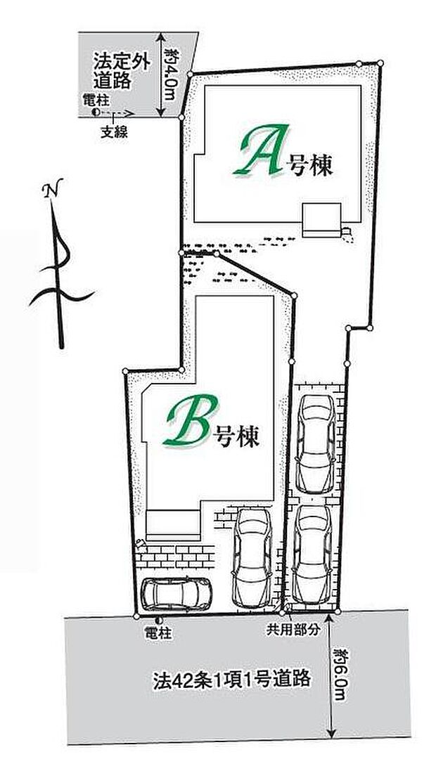 南道路です♪カースペース車種により２台分！前面道路は約６ｍとゆとりがありお車の出し入れがスムーズ。周辺は第一種低層住居専用地域で落ち着いた住宅街です♪