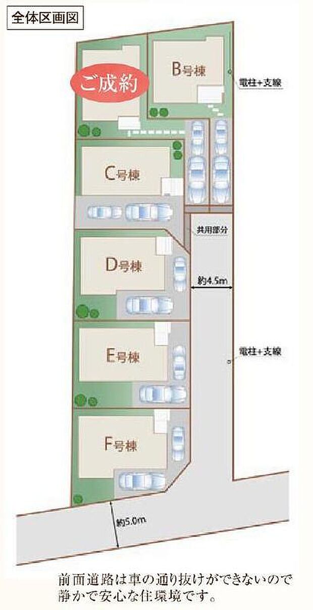 周辺は第一種低層住居専用地域で落ち着いた住環境です。全棟カースペース２台分！同世代が集まりやすく安心感のある全６棟！