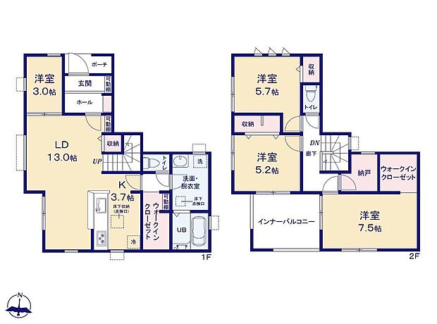 (２号棟)、4LDK+S、土地面積110.49m2、建物面積109.75m2