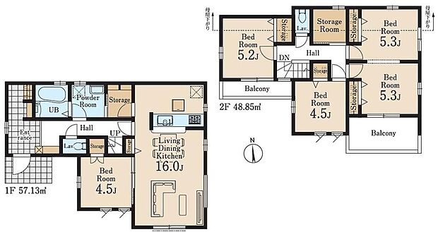 (１号棟)、4LDK+S、土地面積145.82m2、建物面積105.98m2