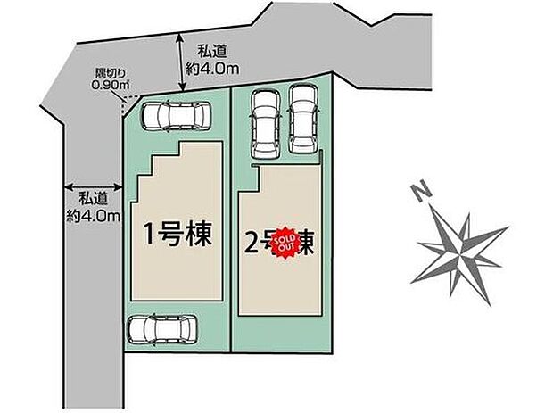 二方向を道路に囲まれた角地!123平米超のゆとりある敷地にカースペース2台分をご用意しております。周辺は第一種低層住居専用地域で落ち着いた住環境です。