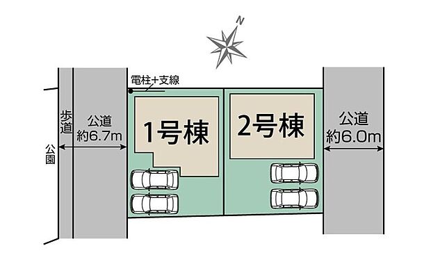 【全体区画図】カースペースは嬉しい並列２台！お車の出し入れもストレスなく行えます。