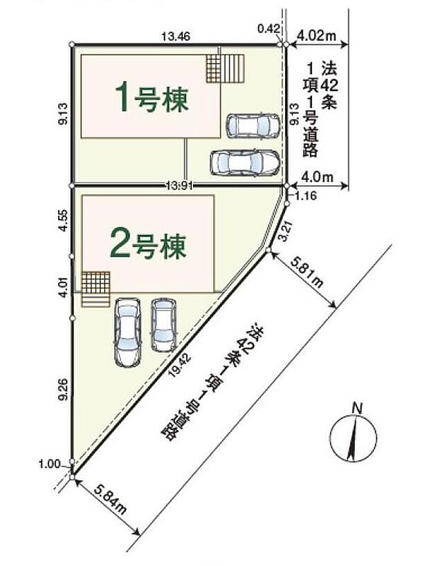 【全体区画図】敷地は38坪超えでゆとりがあります。カースペース車種により並列2~3台分!ご夫婦でお車を所有したり、来客用の駐車スペースや自転車置き場として活用していただけます♪