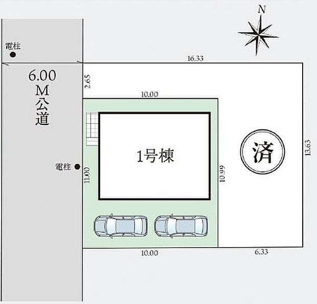 【全体区画図】前面道路はゆとりの６ｍ！カースペース２台駐車可能です♪