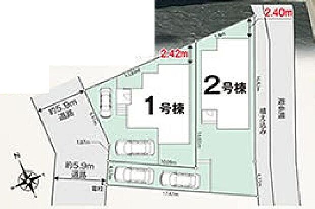 【全体区画図】敷地39坪以上!車種によりカースペース2台駐車可能です♪周辺は第一種低層住居専用地域で落ち着いた住環境です。
