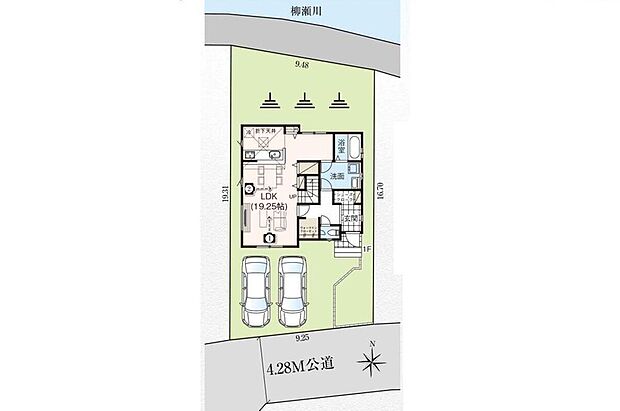 【全体区画図】南側公道に面し、日当たり良好♪開放感のある立地です。敷地面積はゆとりの50坪超♪並列2台駐車可能です。