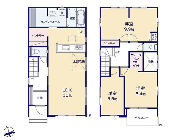 【3LDK】☆広々ランドリールーム付き☆洗面室には洗面台の他、家事コーナーや収納、室内干しスペースとして利用できるスペースがございます。家事を一か所に集約することで家事の時短になりますね♪