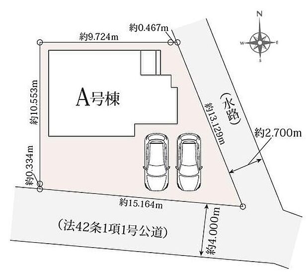 【全体区画図】南×東道路の角地！敷地４３坪とゆとりがあり、建物南側にスペースを広く設けていますので、採光良好です。カースペース並列２台分確保！入間インターにアクセスしやすくお車のおでかけも快適です。