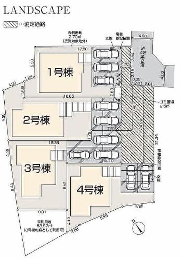 【全体区画図】全棟敷地１６０平米超え！カースペース２～３台完備。ゆとりのお住まいです。周辺は緑が多く、季節の変化を感じながら子育てが出来る自然に囲まれた住宅地です。