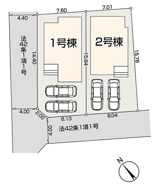 【全体区画図】119平米超、ゆとりの敷地です。カースペース並列2台分!周辺は第一種低層住居専用地域で落ち着いた住環境です。