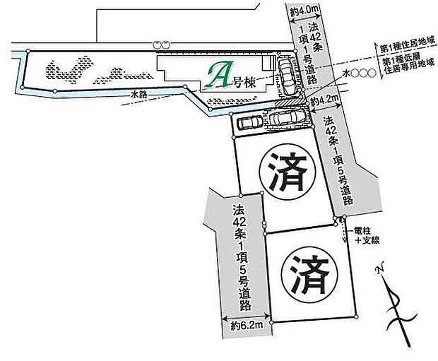 【全体区画図】敷地約56.8坪!カースペース車種により3台可。広いお庭は、ガーデニングをしたりお子様の遊具を置いたりと楽しみが広がりそうですね♪
