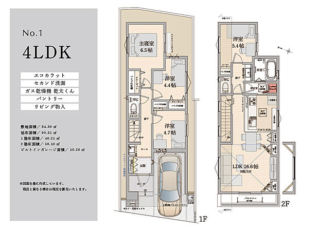 【1号棟間取図】
水まわり2WAY仕様の回遊動線で家事効率UP！
※図面を基に作成しています。現況と異なる場合は現況優先いたします。