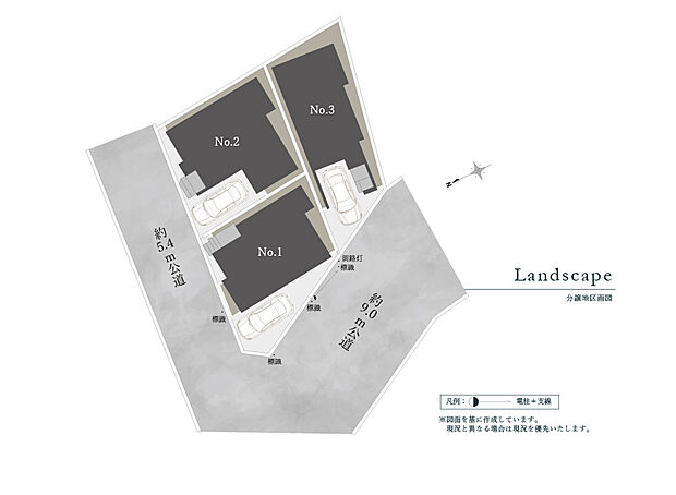 【全体区画図】
南側に遮るものがなく、たっぷりの陽光に恵まれた分譲地。
角地を含む開放的なロケーションです。
ゆとりある前面道路で見通しが良く、お子さまの通学や車の出し入れも安心です。