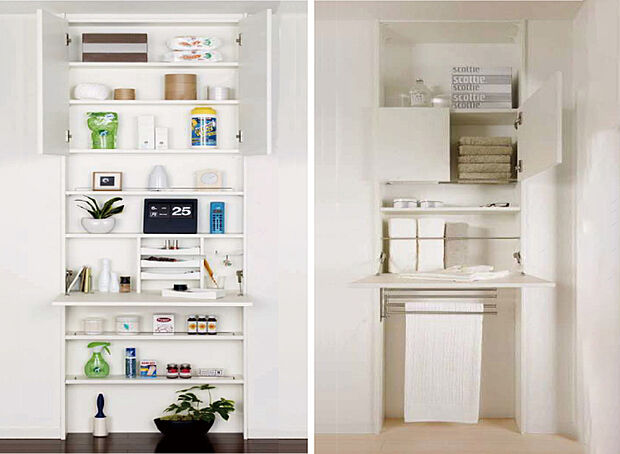 【【埋め込み収納】】空間を最大限に活用。リビングまたはパウダールームの壁に、埋め込み収納を設置できます。
デザイン性と機能性を兼ね備え、生活空間を快適に。