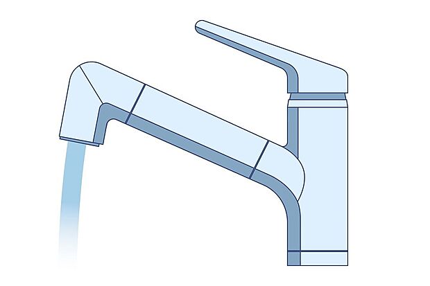 【その他設備】ノズルが引き出せる、浄水器付きのハンドシャワー混合水栓を採用。