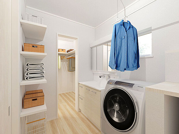 【91号棟 洗面室】【91号棟】完成予想図
洗面室からウォークインクローゼットへ直結。
洗濯・収納の流れがスムーズになり、家事の時短を自然にサポートする効率的な動線です。