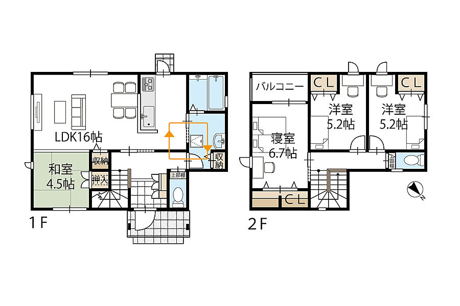 【間取図】
LDKは16帖。隣接する和室を合わせると、20帖を超える大空間が広がります。洗面室はキッチンと廊下の2箇所から出入りでき、帰宅後の動線も◎2階洋室は5.2帖、6.7帖と使いやすい広さです。