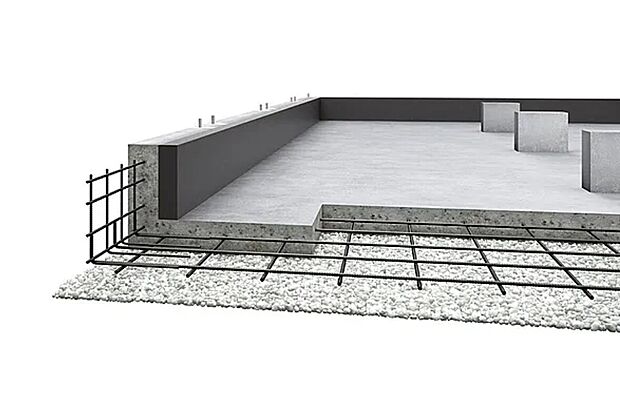 【ベタ基礎】建物をしっかり受け止めるベタ基礎。面で支えるから地盤にかかる負担も小さくでき、不同沈下による被害の軽減が期待出来ます(写真は2×6ユニット工法のものです)。