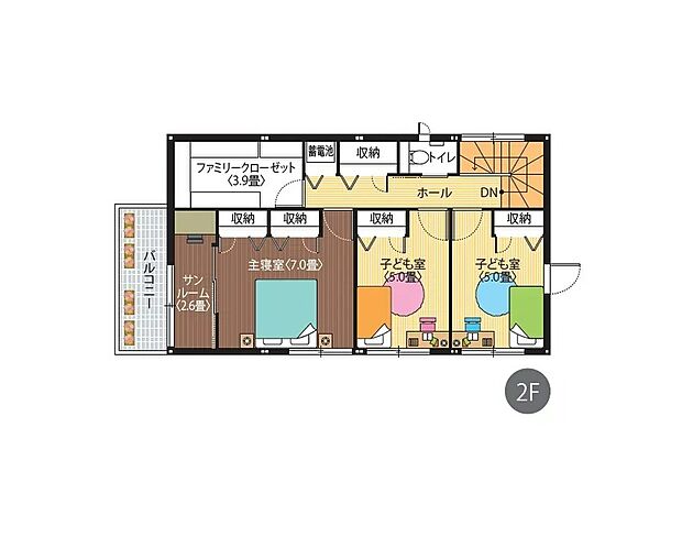 (2階間取図)3.9畳のファミリークローゼットとサンルームを備え、洗う・干す・しまうがスムーズに。忙しい朝や雨の日の洗濯も快適です。全居室に収納があり、すっきり暮らせる使い勝手の良い間取りです。