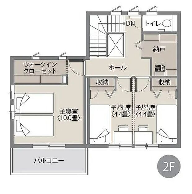 （2階間取図）主寝室は10畳のゆとりに加え、大容量WICを完備。子ども室は将来仕切れる柔軟設計で、納戸や各所収納も充実した使い勝手の良い2階です。