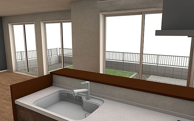 【LDK】お料理をしながら、窓の向こうに広がるお庭をパノラマで見渡せます。お庭で遊ぶお子さまの様子も、キッチンから優しく見守れますね。※イメージパースの為、実物とは異なる場合がございます。