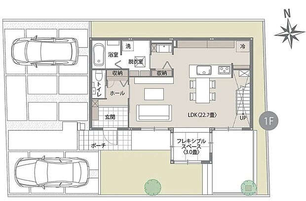 【3LDK】南向きの光が注ぐ22.7帖の大空間LDKが主役の間取り。キッチン横から洗面・脱衣室へとつながるスムーズな動線や、リビングからフラットに繋がるタイルデッキなど、家族との時間も家事のしやすさも大切にした設計です。