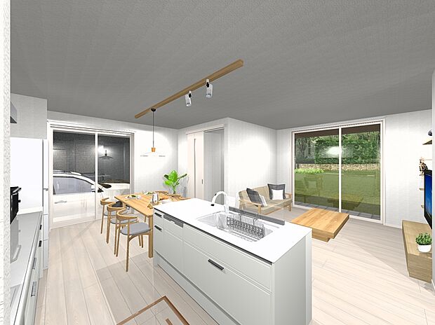 【内観イメージ図（LDK）】建物価格4050万円、建物面積100.96m2 / 建物価格は本プランでの参考価格となります。
※内観図に表示のある家具調度品植栽はイメージです。
