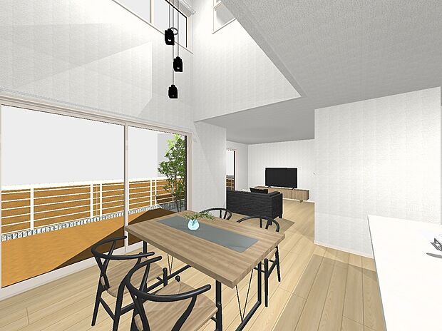 【2号地内観イメージ図(LDK)】建物価格4080万円、建物面積108.92m2 / 建物価格は本プランでの参考価格となります。
※内観図に表示のある家具調度品植栽はイメージです。