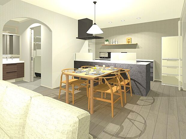 【【6号地】ダイニング】配膳に便利な対面キッチンです。※内観図に掲載の家具調度品は販売価格に含まれません。(完成予想内観パース)