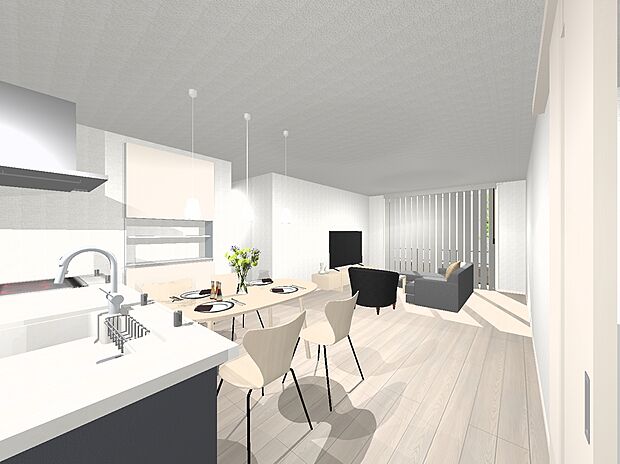 【3号地プラン例内観イメージ図(LDK)】建物価格4100万円、建物面積91.62m2 / 建物価格は本プランでの参考価格となります。
※内観図に表示のある家具調度品植栽はイメージです。