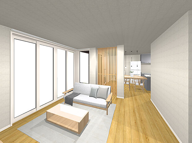 【1号地プラン例内観イメージ図（LDK）】建物価格4300万円、建物面積92.23m2 / 建物価格は本プランでの参考価格となります。
※内観図に表示のある家具調度品植栽はイメージです。

