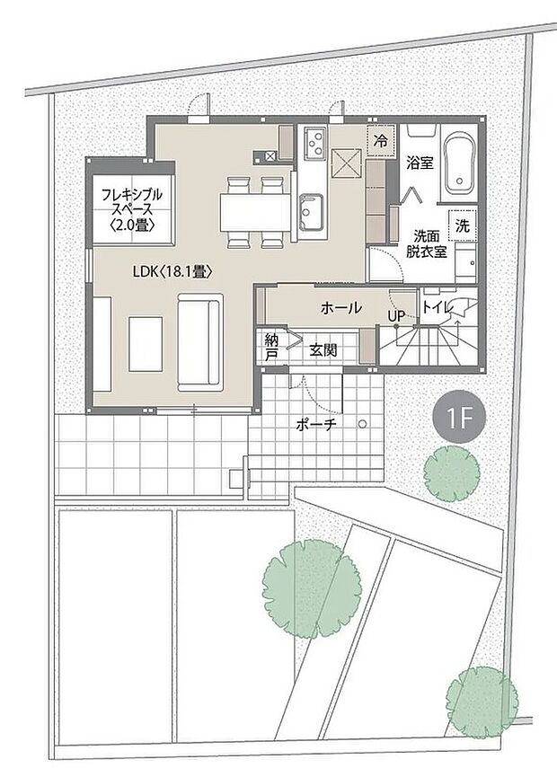 1階は18.1帖のL字型LDKで、空間にメリハリのある使いやすい間取りです。さらに2帖のタタミコーナーを備え、くつろぎやお子様の遊び場としても活用できます。